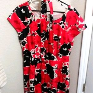 Red, black and white flowered pure silk dress.